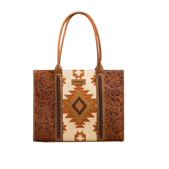 WG226G-8119 Wrangler Vintage Tooled Aztec PatternPrt Concealed Carry Tote -Brown - Picture 1 of 6
